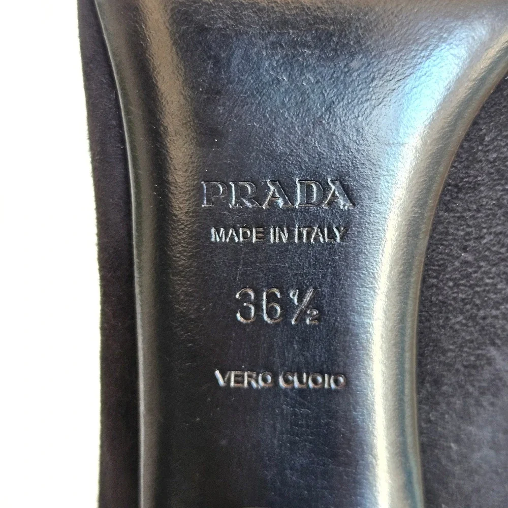 Prada Black Suede Patent Leather Square Toe‎ Block Heel Pumps Silver Accent 36.5
